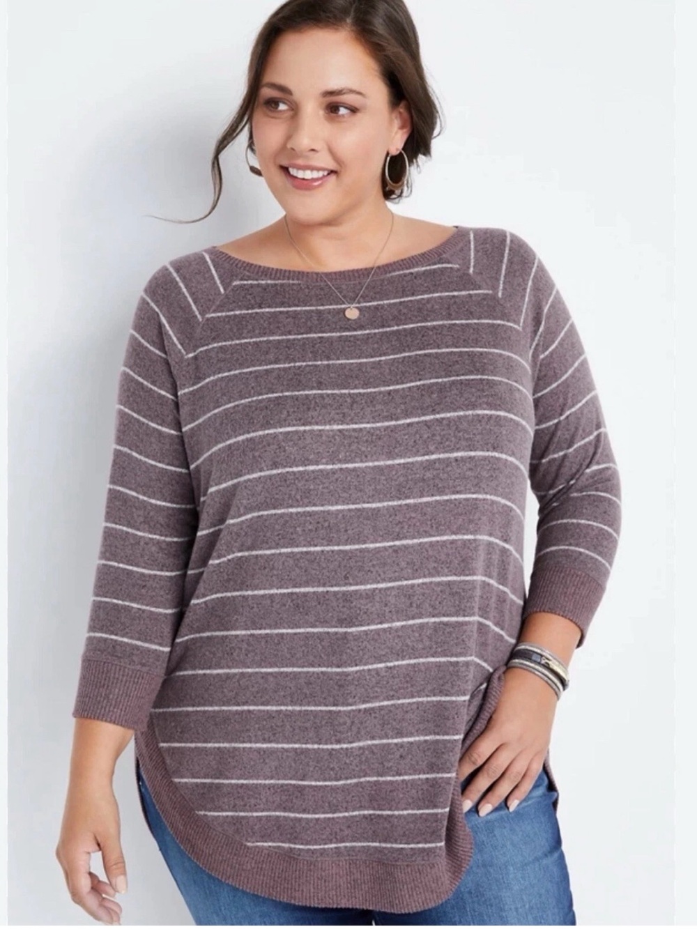 L New Maurices Haven Cozy Knit Purple Striped Crew Neck Sweatshirt Lightweight s